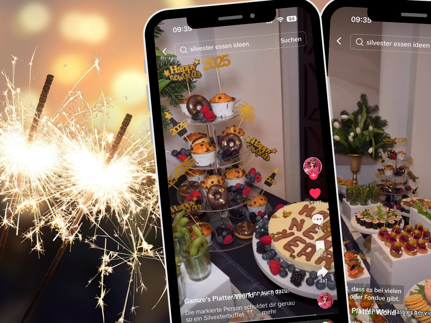 Ein TikTok-Video zeigt vielfältige Fingerfood-Ideen für Silvester, darunter Muffins mit Jahreszahlen, Käse-Trauben-Spieße und dekorative Shrimp-Cocktails.