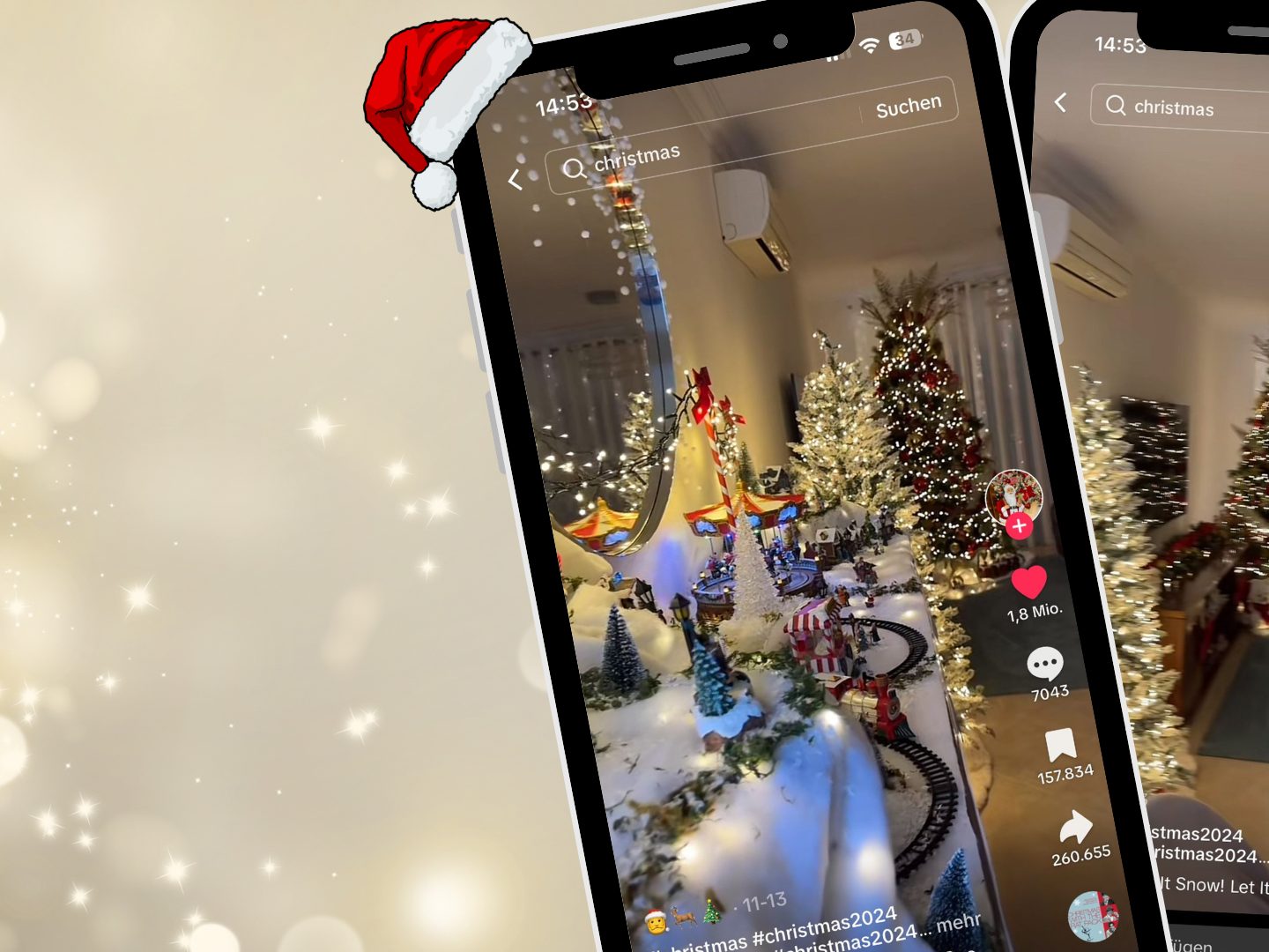 Ein TikTok-Video mit 16,4 Millionen Views zeigt eine festlich dekorierte Winterwelt mit Weihnachtsbäumen, Lichtern, Miniatur-Karussells und einer liebevoll gestalteten Miniaturstadt.