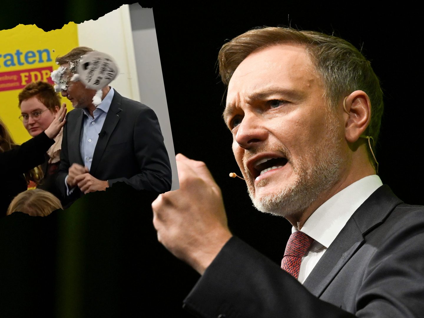 Christian Lindner wurde bei einem Auftritt mit einer Schaumtorte "angegriffen".