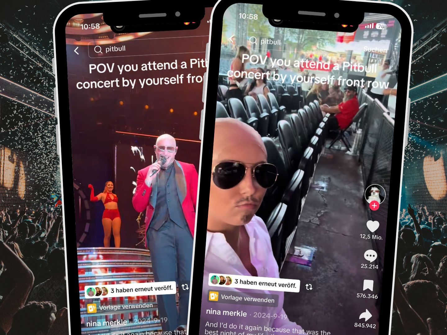Ein TikTok-Video zeigt, wie sich Pitbull-Fans für die Europa-Tour 2025 mit Glatze, Sonnenbrille und Anzug stylen und den typischen „Mr. Worldwide“-Look nachahmen.