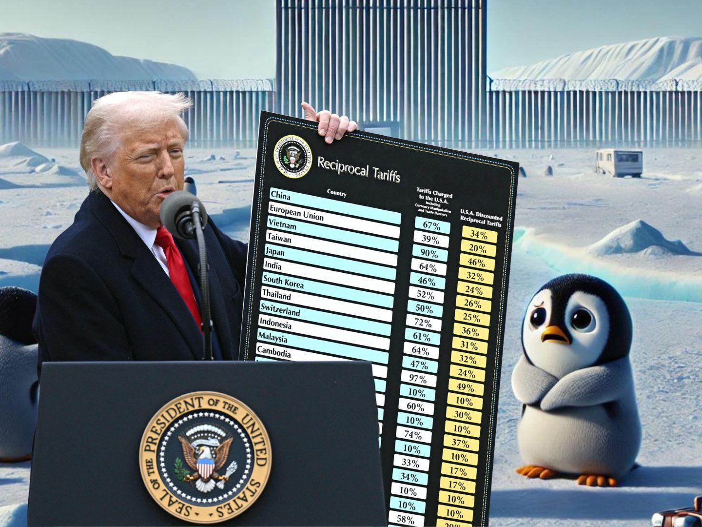 Pinguine im Visier: Trumps irrste Zollidee sorgt weltweit für Spott.