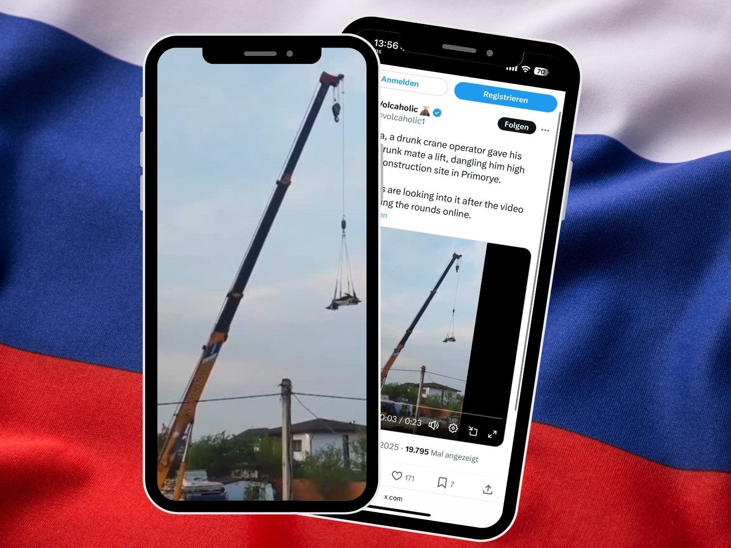 In Russland hat ein betrunkener Kranführer seinem ebenso betrunkenen Kumpel eine Mitfahrgelegenheit der besonderen Art geboten.