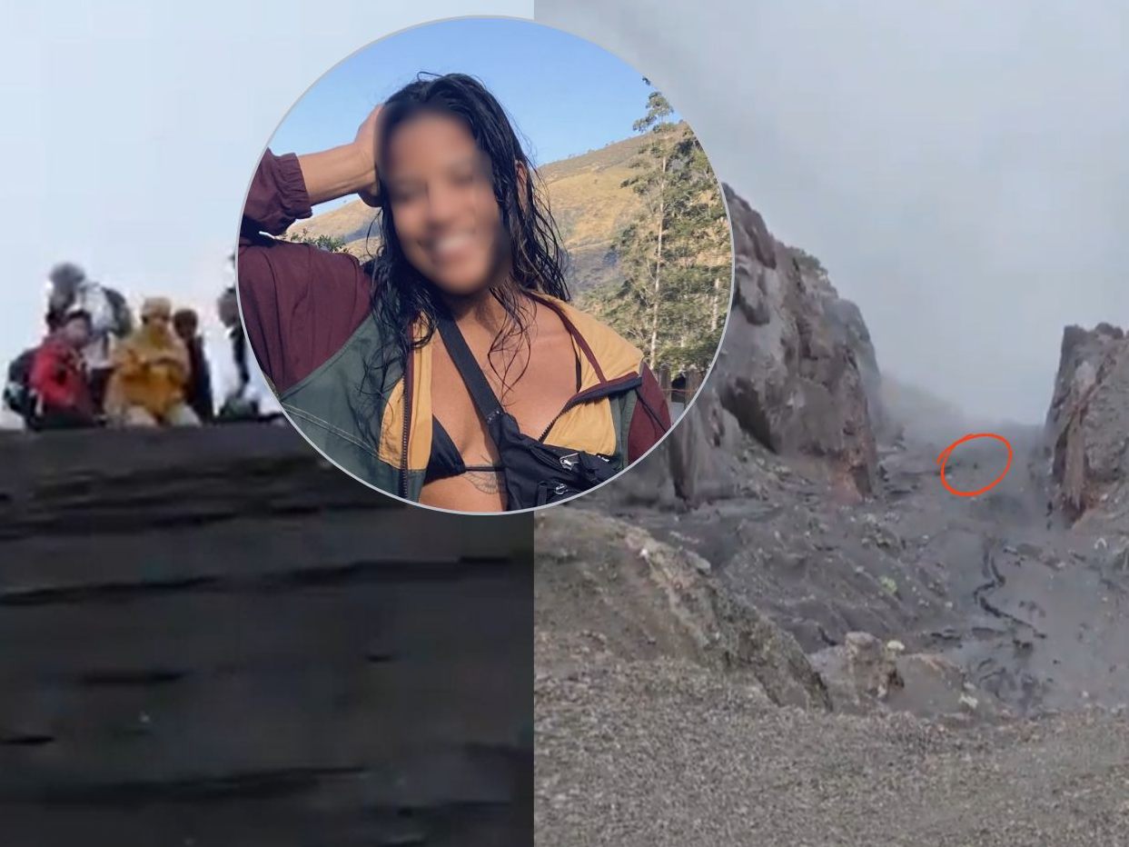 Eine Drohnenaufnahme zeigt eine Person im Vulkankrater, die Junge Frau hat zu diesem Zeitpunkt wahrscheinlich noch gelebt.