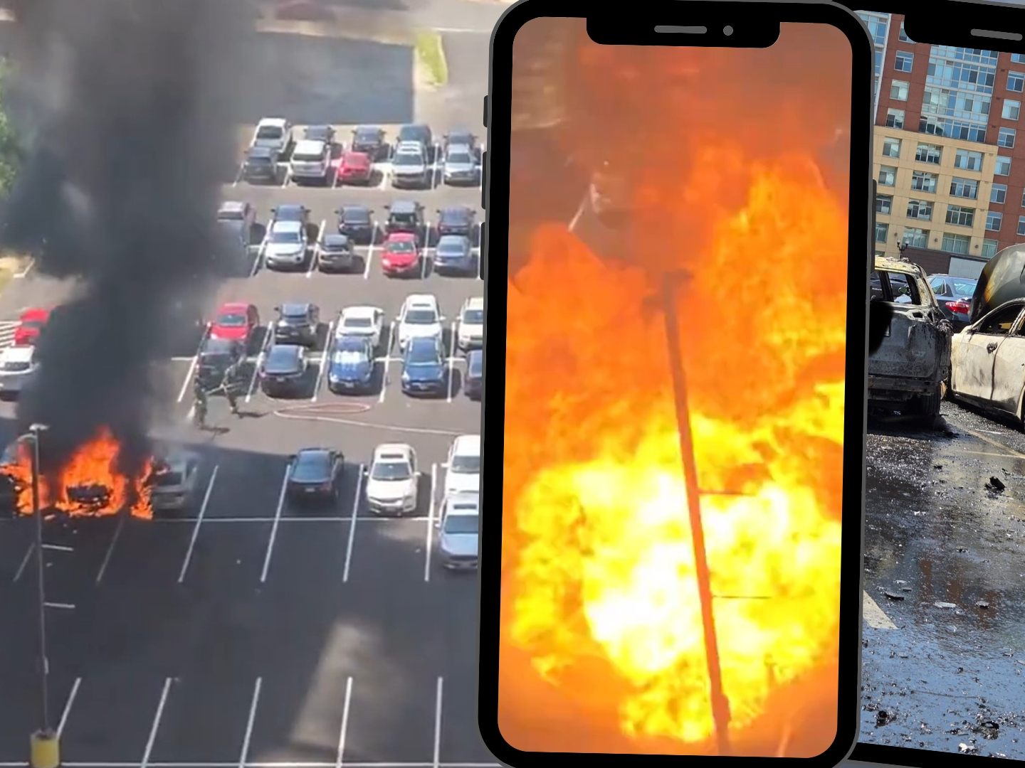 Autobrand löst riesige Explosion auf Parkplatz aus.