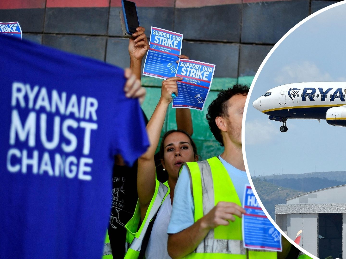 Am 24. Juni 2022 protestieren Ryanair-Beschäftigte am Terminal 2 des Flughafens El Prat in Barcelona mit Flugblättern und T-Shirts für bessere Arbeitsbedingungen.