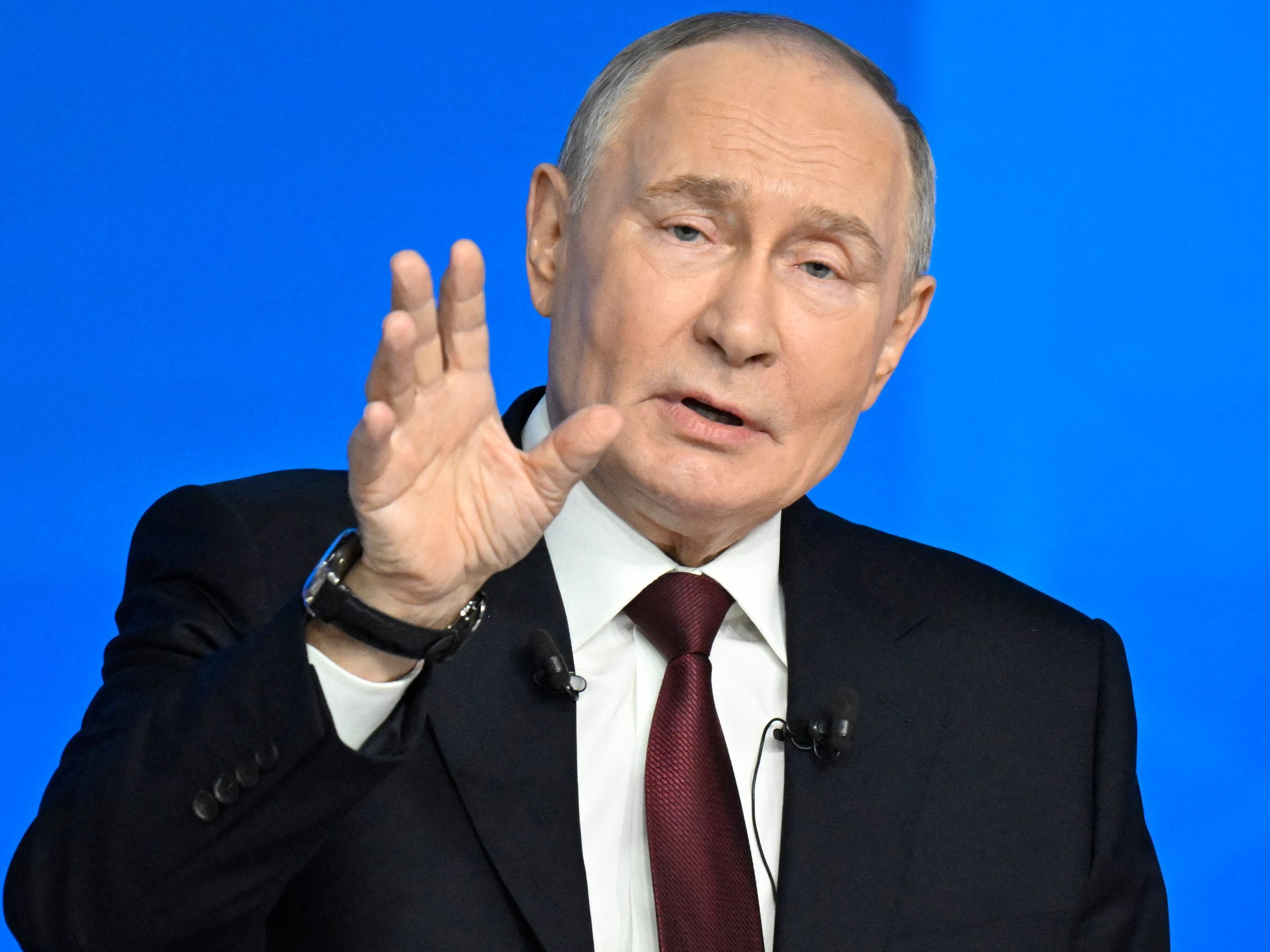 Russlands Präsident Wladimir Putin bei seiner jährlichen Jahresabschluss-Pressekonferenz in Moskau am 19. Dezember 2025.