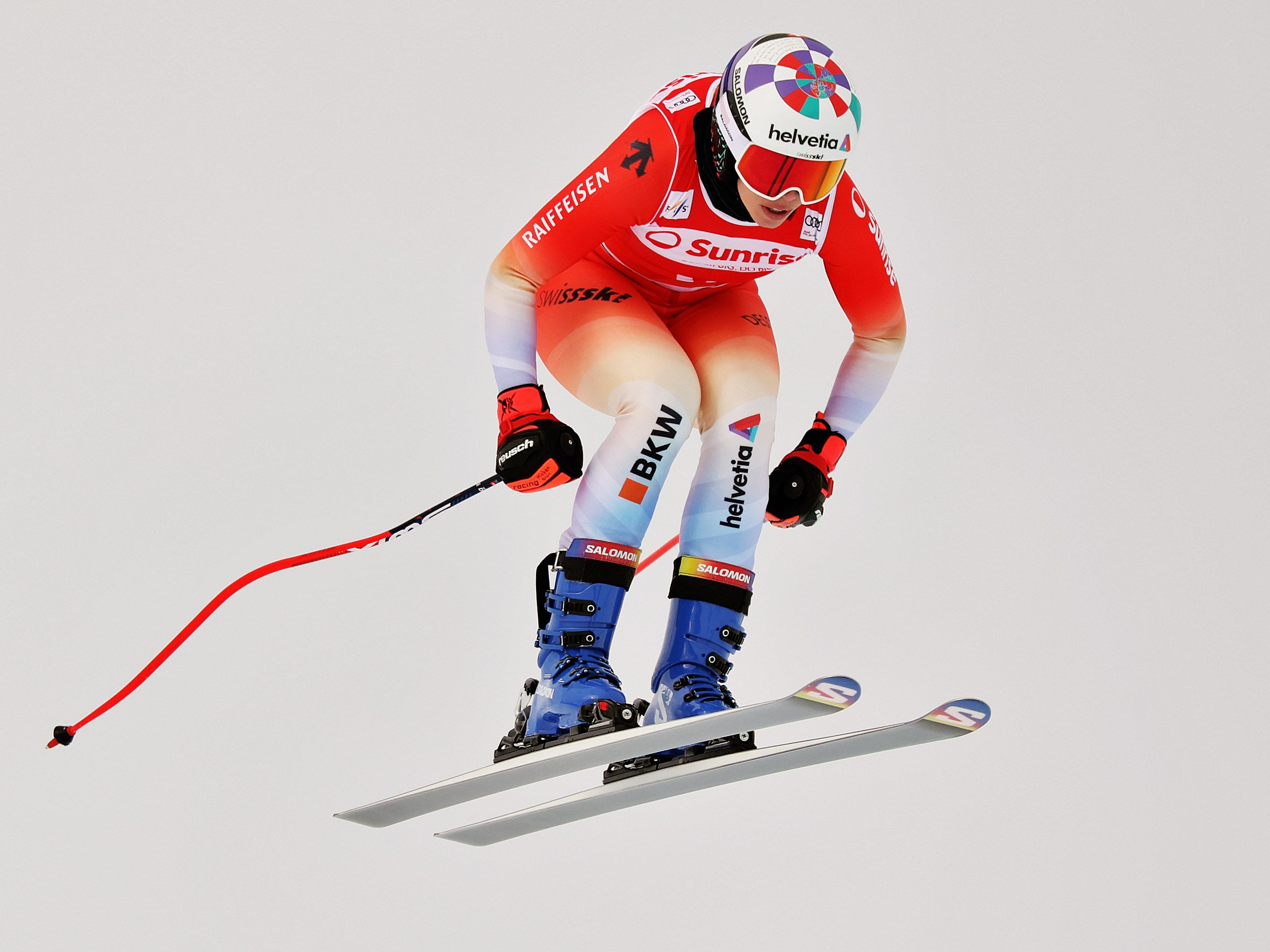 Michelle Gisin beim Abfahrtstraining in St. Moritz, aufgenommen kurz vor ihrem Sturz.