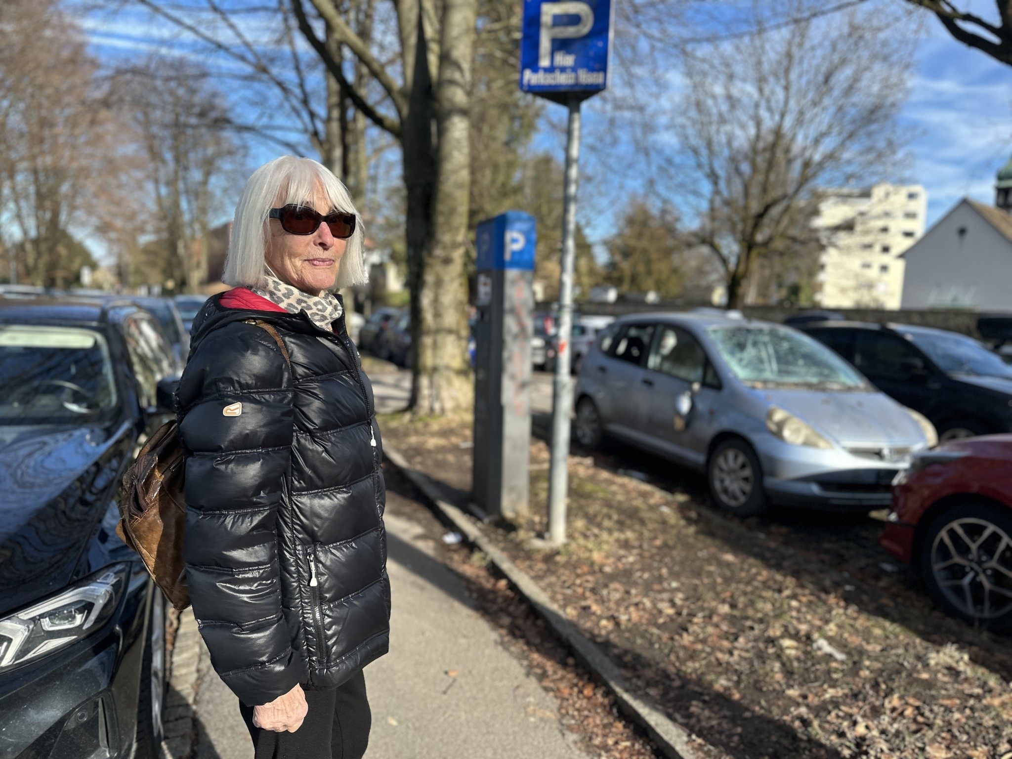 Anrainerin Brigitte neben dem beschädigten Auto.