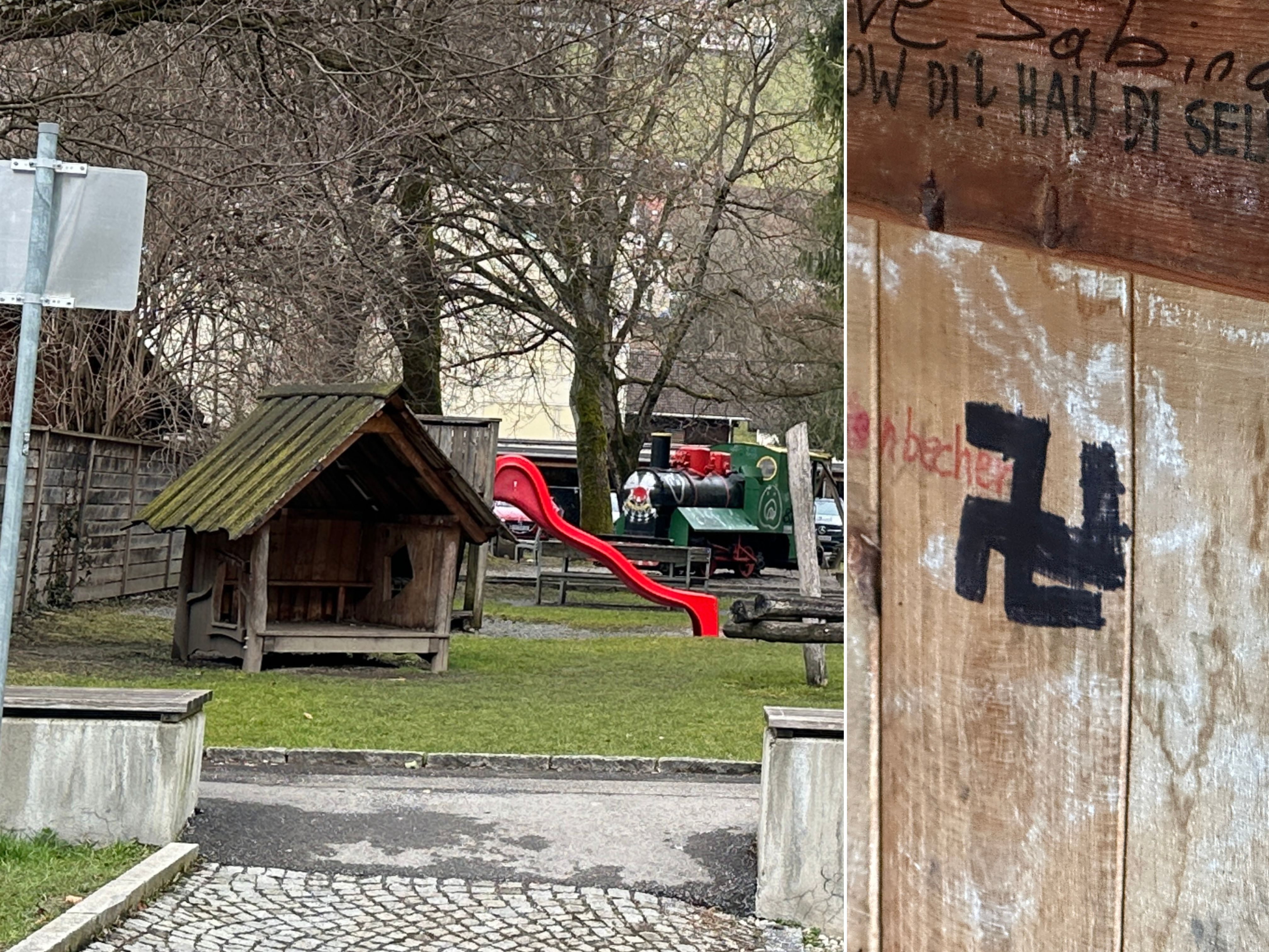 Graffiti am Spielplatz, darunter mehrere Hakenkreuze.