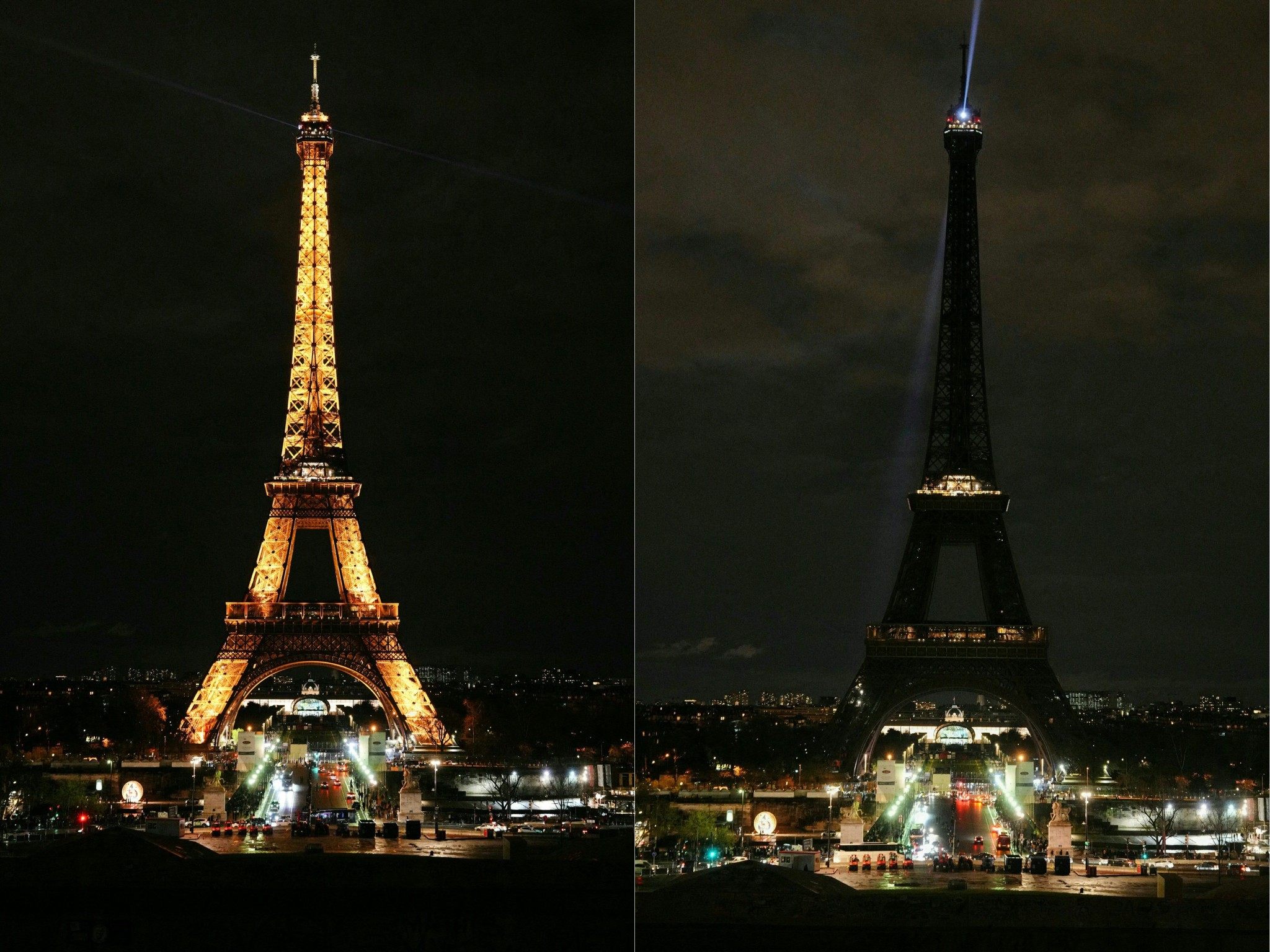Der Eiffelturm vor und während der "Earth Hour" in Paris – mit und ohne Beleuchtung als Zeichen für den Klimaschutz.