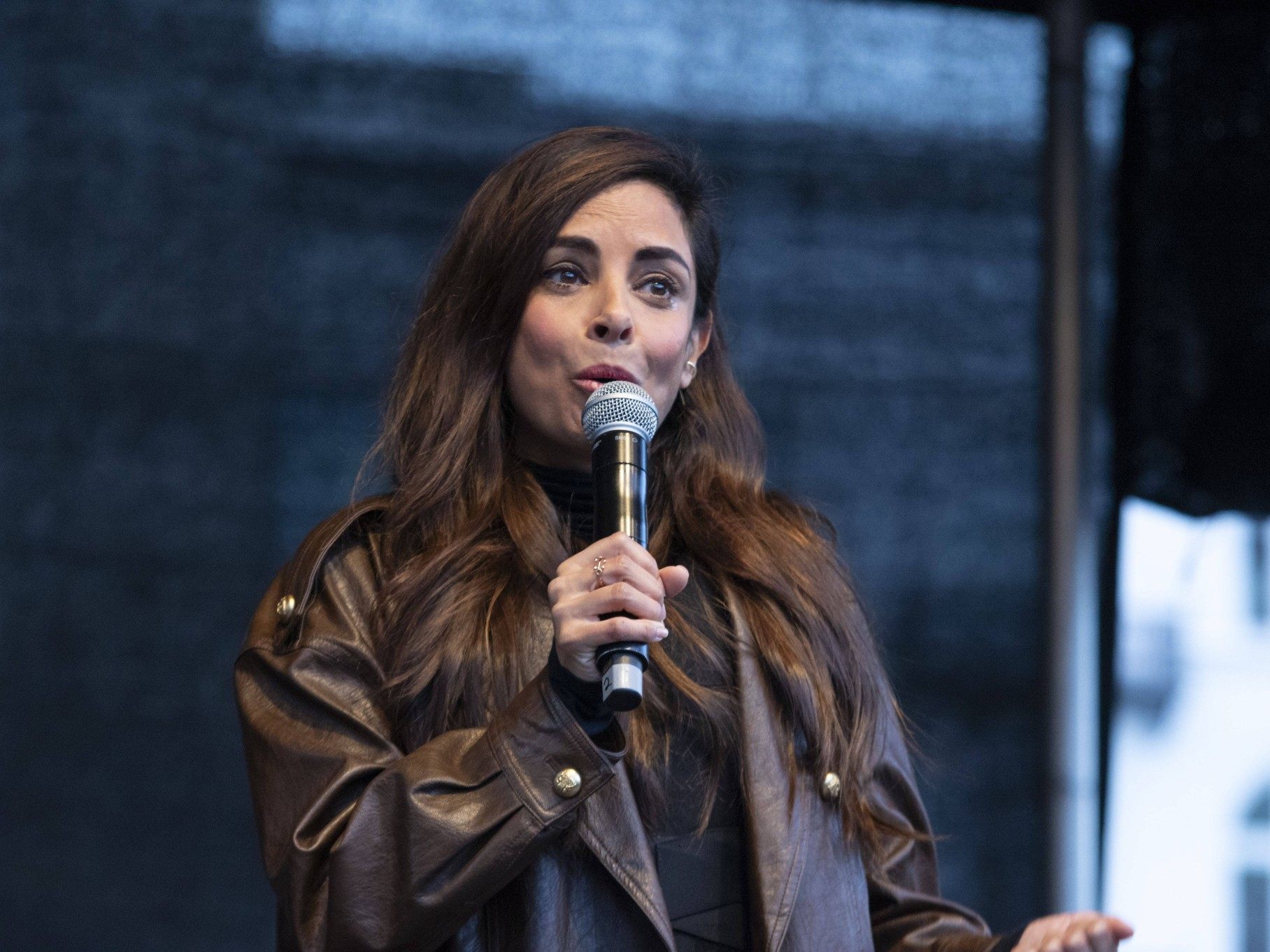 Collien Fernandes spricht bei einer Demonstration gegen sexuelle Gewalt in Hamburg.