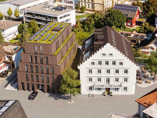 Luftbild-Visualisierung von "LÖWE + CO": Auch der Gastgarten soll wieder kommen.