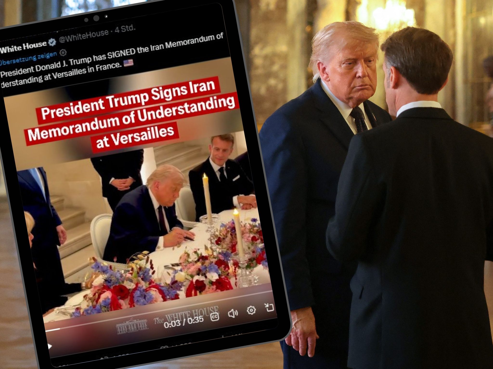 Trump tätigte Unterschrift in Versailles beim Abendessen mit Macron.